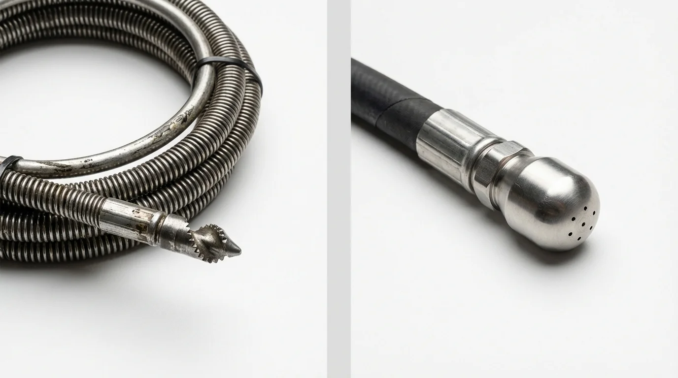 Drain snake cable and hydro jetting nozzle used for drain cleaning in Oak Grove, MO