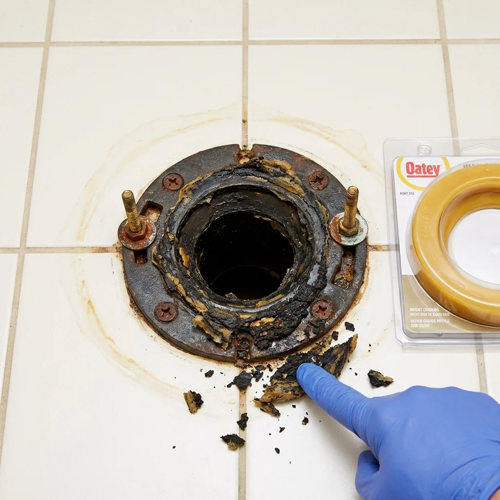 Failed wax ring showing water seepage at the base of a toilet in a Oak Grove, MO home