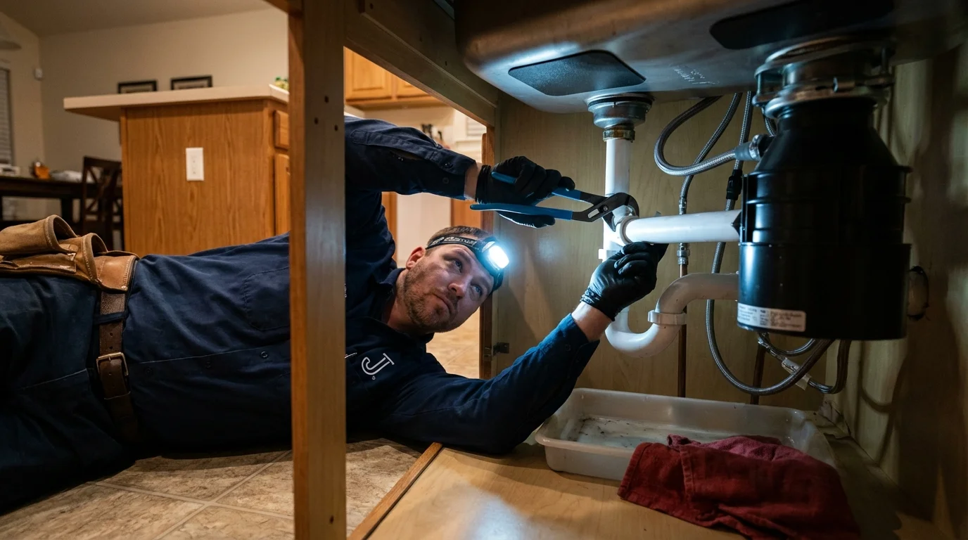 P-trap and supply line connections under a kitchen sink showing a common leak point in Oak Grove, MO
